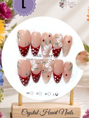 Red Polka Dot Floral Press-On Nailas | Burgundy & Nude Almond Nails